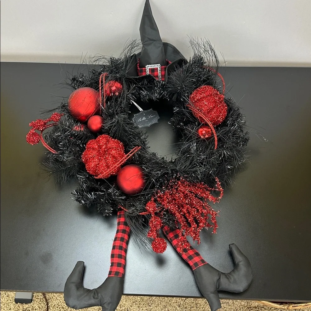 Bella Lux Halloween Witch Leg Wreath Red Black Glitter Baubles Pumpkin Hat Broom